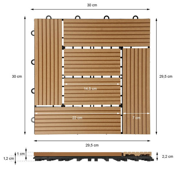 ECD Germany WPC patio tegels 30 x 30 cm 22er Spar Set für 2m² teakhouten mozaïek look voor tuinbalkonvloeren