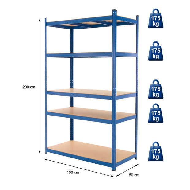 Werkplaatsplank blauw, 200x100x50 cm, gemaakt van gepoedercoat metaal en MDF-hout, tot 350 kg