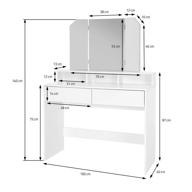 Kaptafel met 3-delige inklapbare spiegel 100x40x140 cm Wit ML-Design
