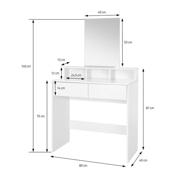 Kaptafel met Spiegel 80x40x140 cm Wit incl. Kruk ML-Design