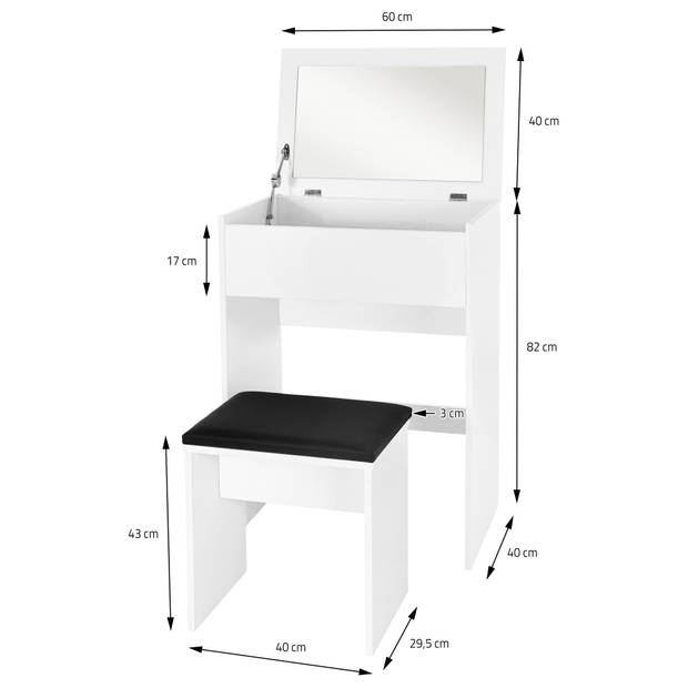 Kaptafel met Spiegel 60x40x122 cm Wit incl. Kruk ML-Design