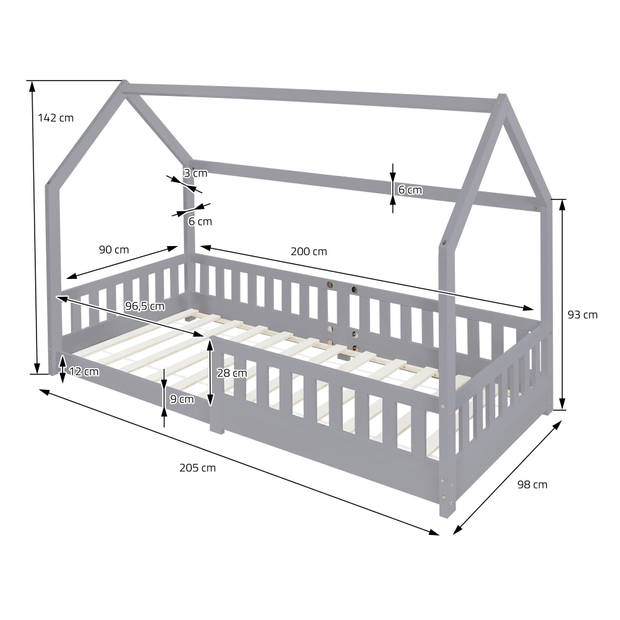 Kinderbed met uitvalbeveiliging lattenbodem en dak 200x90 cm Lichtgrijs grenenhout ML-Design