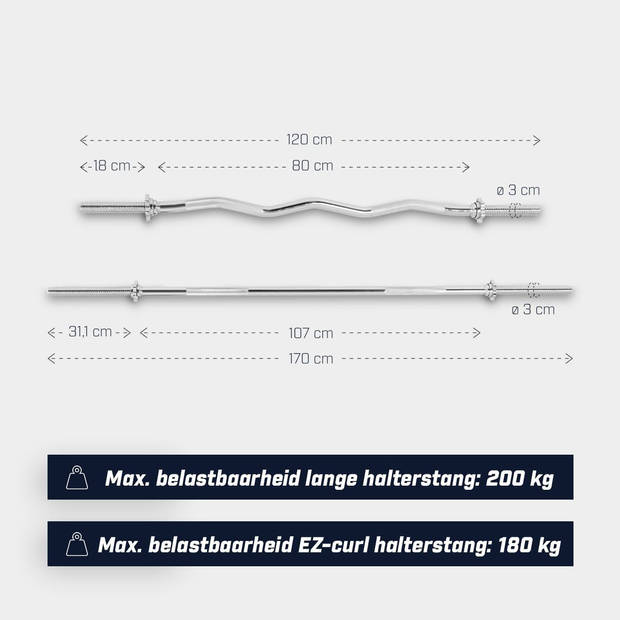 Gorilla Sports Halterstangen Set - Lange Halter + EZ Curl Barbell - 30 mm - Schroefsluiting
