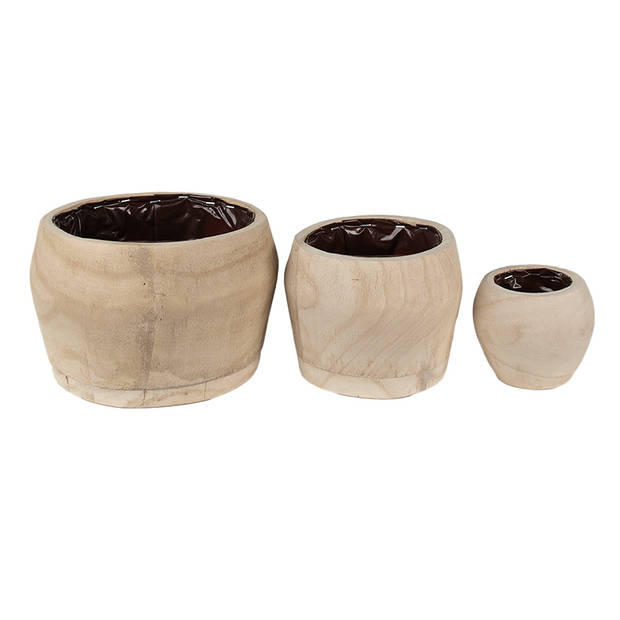 HAES DECO - Bloempot Set van 3 Ø 24 Ø 18 Ø 12 cm Bruin Hout Rond Plantenpot