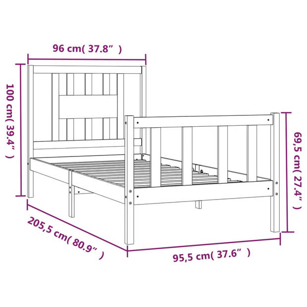 vidaXL Bedframe met hoofdbord massief hout zwart 90x200 cm