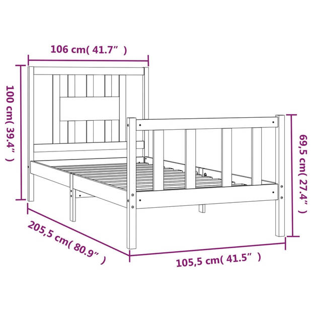 vidaXL Bedframe met hoofdbord massief grenenhout zwart 100x200 cm