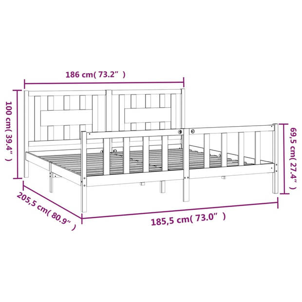 vidaXL Bedframe met hoofdbord massief grenenhout zwart 180x200 cm