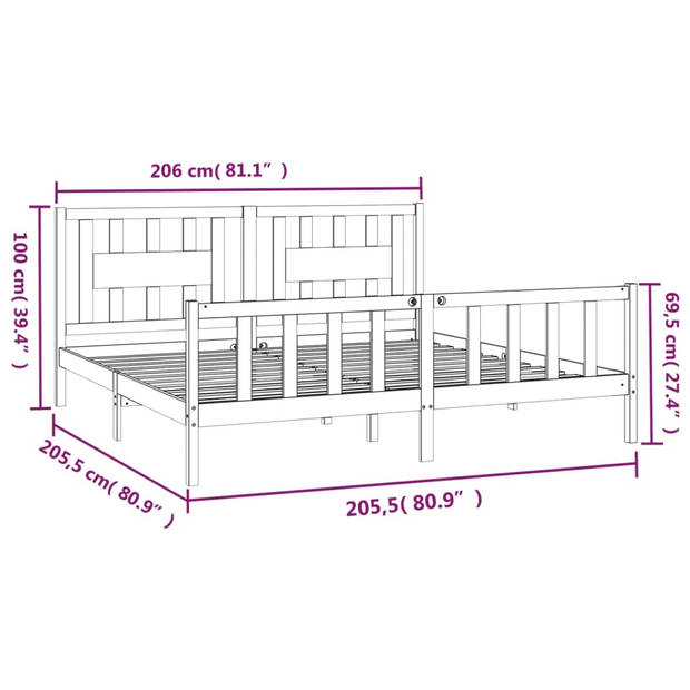 The Living Store Klassiek Massief Grenen Bedframe - 205.5 x 205.5 x 69.5 cm - Grijs