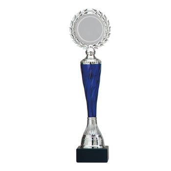 Luxe trofee/prijs - zilver/blauw middenstuk - kunststof - 32 x 8 cm - sportprijs - Fopartikelen