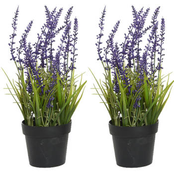 2x stuks lavendel kunstplant in pot - violet paars - D15 x H30 cm - Kunstplanten