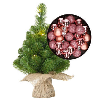 Mini kerstboom/kunstboom met verlichting 45 cm en inclusief kerstballen roze - Kunstkerstboom