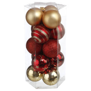 15x stuks kerstballen mix goud/rood gedecoreerd kunststof 5 cm - Kerstbal