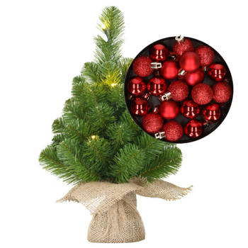 Mini kerstboom/kunstboom met verlichting 45 cm en inclusief kerstballen rood - Kunstkerstboom
