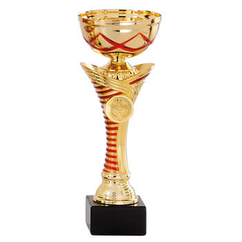 Luxe trofee/prijs beker - rode lijnen - goud- kunststof - 22 x 8 cm - sportprijs - Fopartikelen