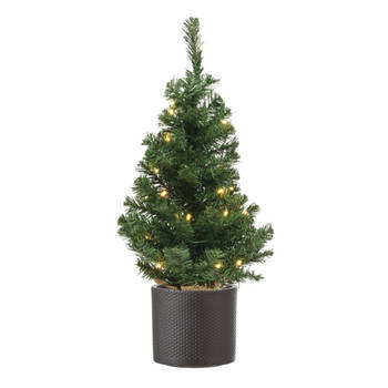 Volle kunst kerstboom 75 cm met verlichting inclusief donkergrijze pot - Kunstkerstboom