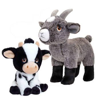 Pluche knuffel boerderijdieren voordeelset koe en geit van 19 cm - Knuffel boederijdieren