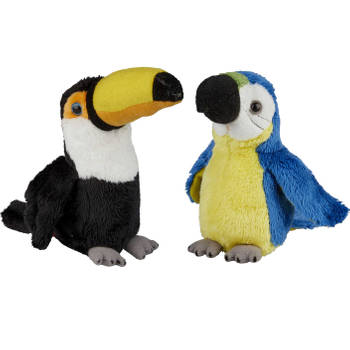 Tropische vogels pluche knuffels 2x stuks - Blauwe Macaw Papegaai en Toekan van 15 cm - Vogel knuffels