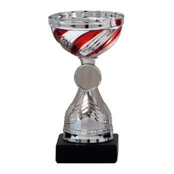 Luxe trofee/prijs beker - zilver - rode lijnen - kunststof - 19 x 10 cm - sportprijs - Fopartikelen