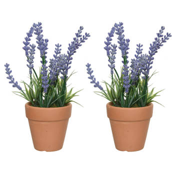 2x lavendel kunstplant in terracotta pot - lila paars - D6 x H18 cm - Kunstplanten
