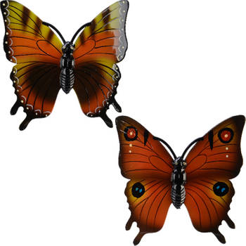 2x stuks tuin decoratie vlinders - kunststof - oranje - 24 x 24 cm - Tuinbeelden