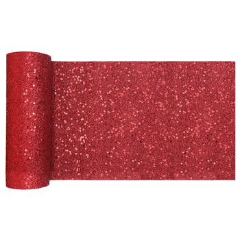 Santex Kerst tafelloper op rol - rood glitter - 18 x 500 cm - polyester - Tafellakens