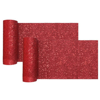 Santex Tafelloper op rol - 2x - rood glitter - 18 x 500 cm - polyester - Feesttafelkleden