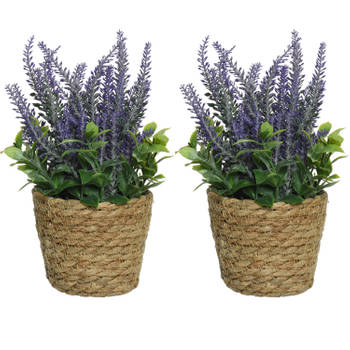 2x lavendel kunstplant in gevlochten plantenmand - paars - D12 x H26 cm - Kunstplanten