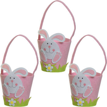 3x stuks paasmandjes met Paashaas - vilt - roze - D15 x H31 cm - Feestdecoratievoorwerp