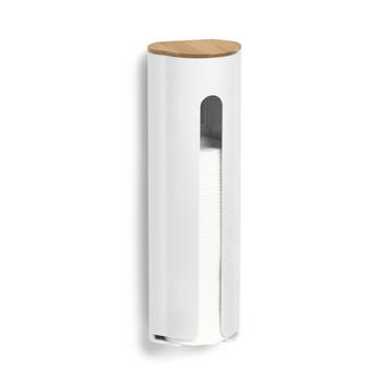 Zeller wattenschijf houder wand - kunststof/bamboe - wit - 8 x 7 x 25 cm - Opbergbox