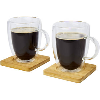 Seasons dubbelwandige koffieglazen 350 ml - set van 2x stuks - met bamboe onderzetters - Koffie- en theeglazen