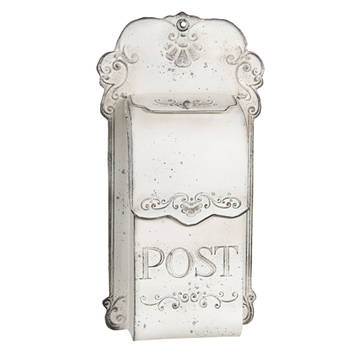 HAES DECO - Brievenbus vintage wit metaal met ornamenten en tekst "POST", formaat 24x8x46 cm