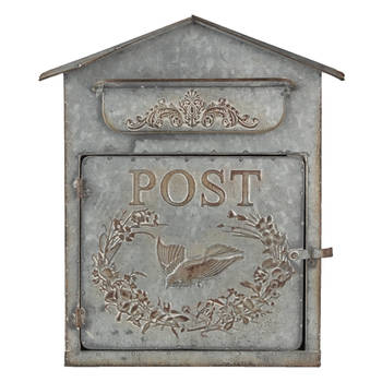 HAES DECO - Brievenbus vintage grijs metaal met Vogeltje en tekst "POST", formaat 31x12x36 cm