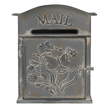 HAES DECO - Brievenbus vintage grijs metaal met bloemen en vlinder en tekst "MAIL", formaat 26x10x31 cm