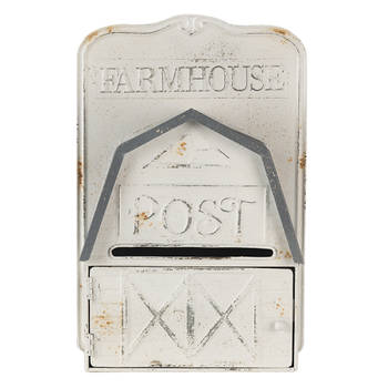 HAES DECO - Brievenbus vintage wit metaal in de vorm van een schuur met de tekst "FARMHOUSE POST", formaat 26x12x39 cm