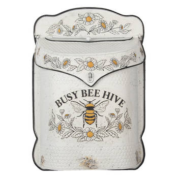HAES DECO - Brievenbus vintage wit metaal met Bij en bloemen bedrukt en tekst "BUSY BEE HIVE", formaat 27x8x39 cm