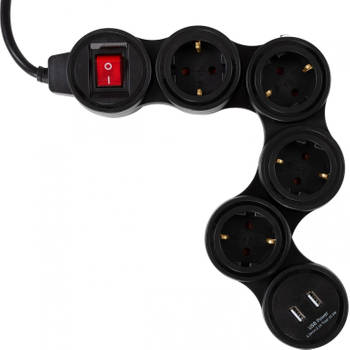 Stekkerdoos - Schuko - 4 voudig - 2x USB - Flexibel - Aan/uit schakelaar - Zwart - Allteq