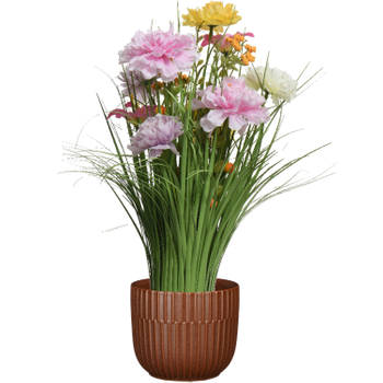 Kunstbloemen boeket lila paars - in pot bruin - keramiek - H40 cm - Kunstbloemen