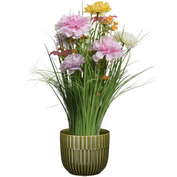 Kunstbloemen boeket lila paars - in pot groen - keramiek - H40 cm - Kunstbloemen