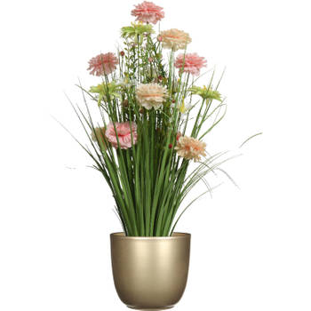 Kunstbloemen boeket roze - in pot goud - keramiek - H70 cm - Kunstbloemen