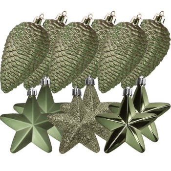 Dennenappels en sterren kerstornamenten - 12x stuks - kunststof - mosgroen - Kersthangers