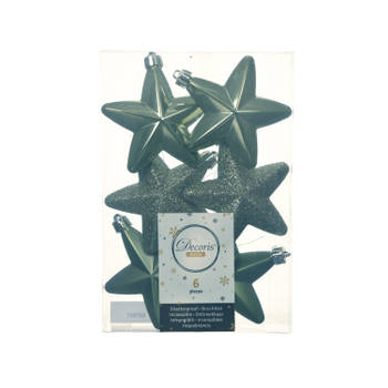 6x stuks kunststof sterren kersthangers mos groen 7 cm - Kersthangers