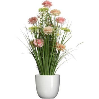 Kunstbloemen boeket roze - in pot wit - keramiek - H70 cm - Kunstbloemen