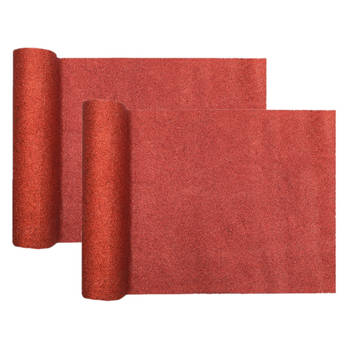 Santex Kerst tafelloper op rol - 2x - rood glitter - 28 x 300 cm - polyester - Tafellakens