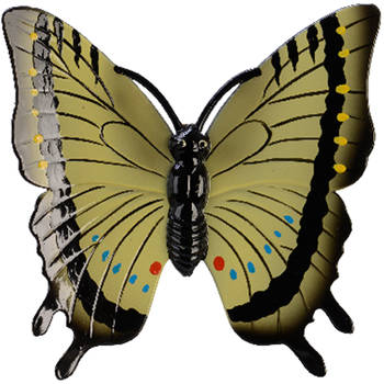 Tuin/schutting decoratie vlinder - kunststof - geel - 24 x 24 cm - Tuinbeelden