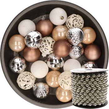 37x stuks kunststof kerstballen 6 cm wit/zilver/bruin incl. kralenslinger - Kerstbal