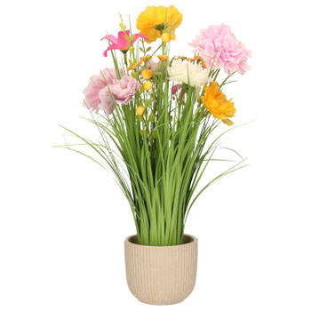 Kunstbloemen boeket lila paars - in pot wit keramiek - H40 cm - Kunstbloemen