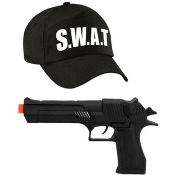 Politie SWAT verkleed cap/pet zwart met pistool voor volwassenen - Verkleedhoofddeksels