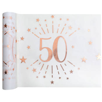 Santex Tafelloper op rol - 50 jaar - wit/rose goud - 30 x 500 cm - Feesttafelkleden