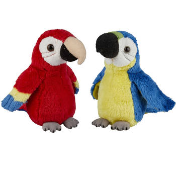 Papegaaien serie pluche knuffels 2x stuks -Blauwe en Rode van 15 cm - Vogel knuffels