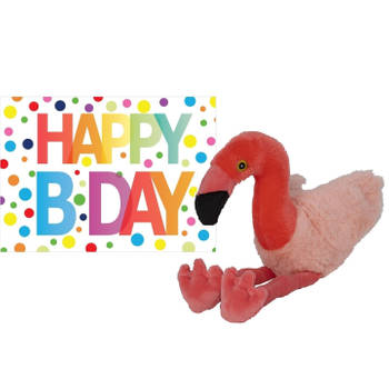 Pluche knuffel flamingo 32 cm met A5-size Happy Birthday wenskaart - Vogel knuffels